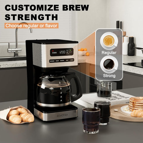 12-Cup Programmable 1-4 Setting, 24H REVOTRA Coffee Maker, Regular & Strong Brew Drip Coffee Machine, Cup and Ice