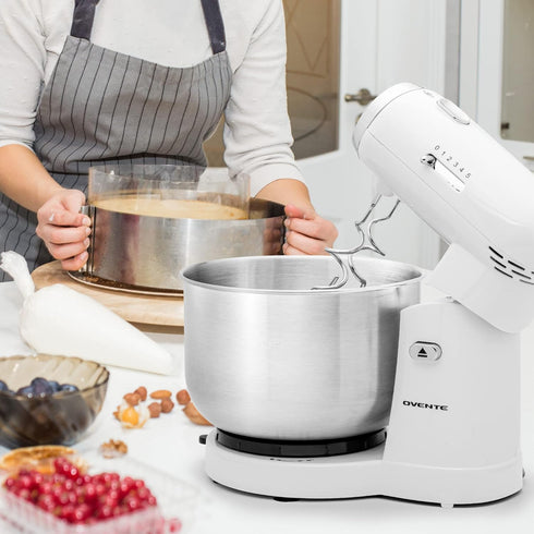 OVENTE 3.5-Quart Electric Kitchen Stand Mixer, 250-Watt Power, 5 Speed Control, White, 2 Blender Attachments SM680W