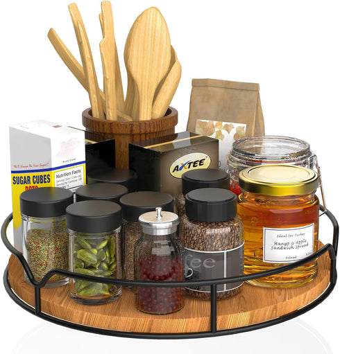 Lazy Susan Turntable Organizer, 9" Carbonized Black Pine Wood for Kitchen Countertop, Cabinet, Pantry, Refrigerator