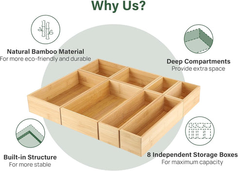 Kootek 8 Pcs Bamboo Drawer Organizer, Versatile Kitchen Storage Box with 4-Size Dividers for Cutlery and Utensils