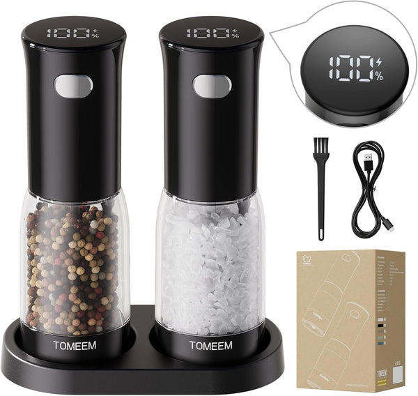 TOMEEM Electric Salt and Pepper Grinder Set Rechargeable with LED Power Indicator,