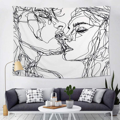 Ruibo Kissing Couple Abstract Sketch Art Wall Hanging Tapestry, Beach Throw, 59" x 51"