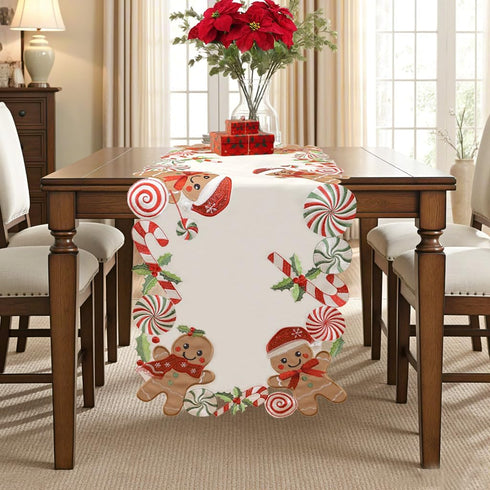 90 inches Gingerbread Table Runner Christmas Runners Embroidered Decorations Candy Cane Long for Kitchen Dinning Coffee
