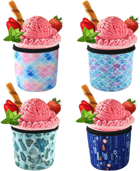 Ice Cream Pint Size Sleeves 4 Pack, Neoprene Cover with Spoon Holder (Plant+Fish scales)