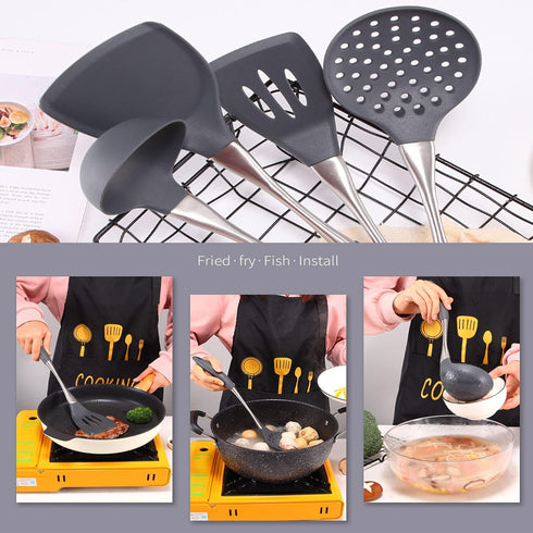 Premium Solid Silicone Spatula, Non Stick Heat Resistant Pancake Turner with Stainless Steel Handle by Lisdripe, Gray