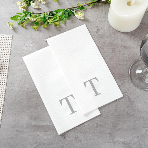 15.8 7.9 Inch 50 Luxenap X Linen-Feel Guest Towels, Lettered Hand Towels - Silver Letter 'T', Sans Serif Font, White