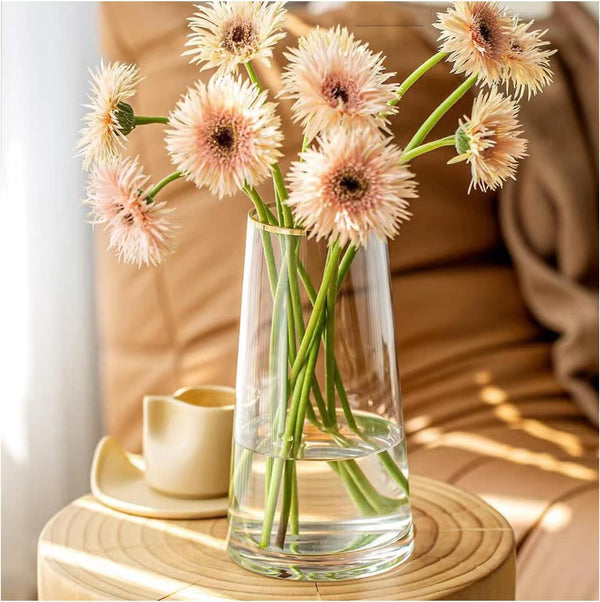 Moden Small Trapezoid Glass Vase with Gold Mouth for Home Wedding Centerpieces Decoration (4.7" x 8.7")
