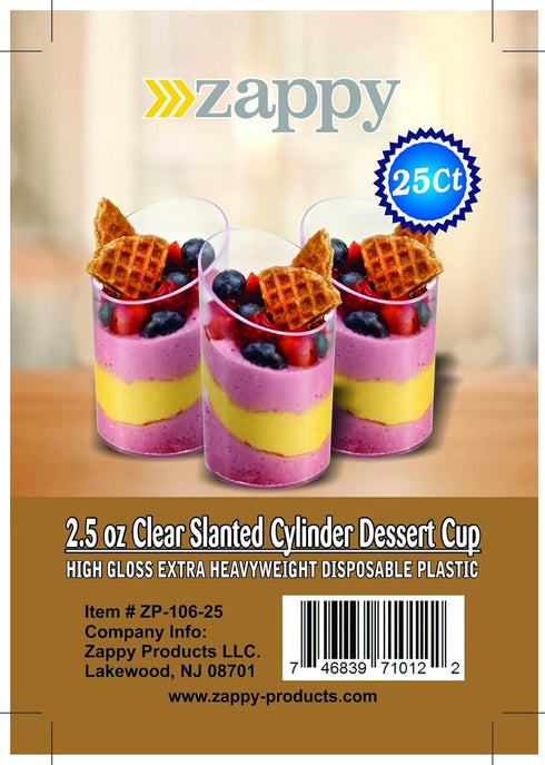 Zappy Elegant Clear Slanted Cylinder Mini Dessert Appetizer Cup - 2.5 oz Plastic Tasting/Sample Shot Glasses (25 Ct)