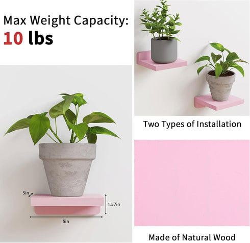 5x5 Inches Set 4, Fixwal Pink Shelves, Small Wall Shelf of Rustic Wood Floating Wall Mounted Shelves for Bedroom