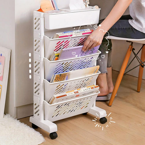 Carts with Wheels, Rolling Organization Shelf Desk Organizer, 5-Tier Plastic Rolling Utility Cart for Office