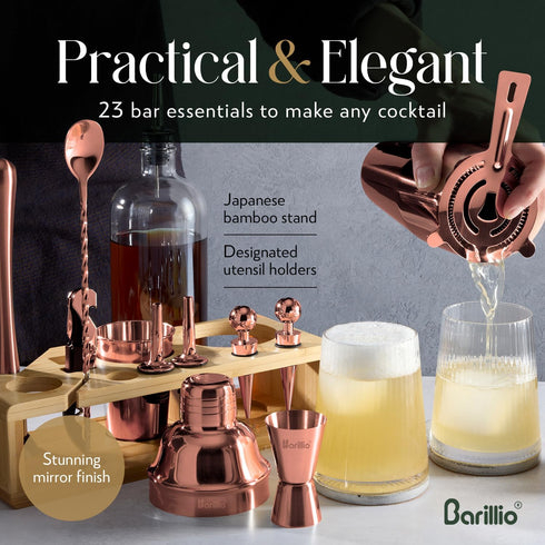 Barillio Rose Gold Bartender Kit, Stainless-Steel Cocktail Shaker Set with Bamboo Stand, 23-Pc Bar Tools