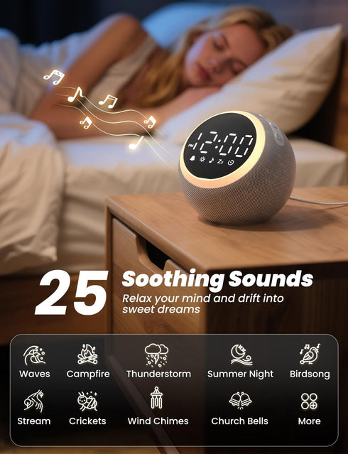 25 LIORQUE Alarm Clock with White Noise Machine & Night Light, Soothing Sound, Adjustable Volume, Sleep Timer, Ideal
