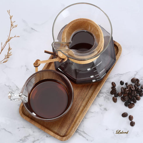 Pour Over Coffee Maker with Stainless Steel Filter, Borosilicate Glass Carafe, Modern Wooden Collar