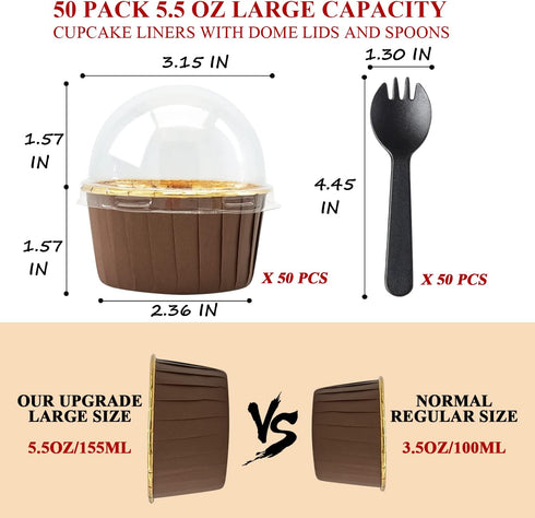 5.5 Oz Foil Cupcake Cups, 50 Pack LNYZQUS Cupcake Liners with Dome Lids, Disposable Ramekins, Brown in Gold