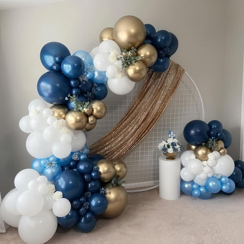 12inch Retro Navy Blue Gold and White Balloons, Pastel Dark Light Blue White Latex Balloons with Metallic Chrome Gold