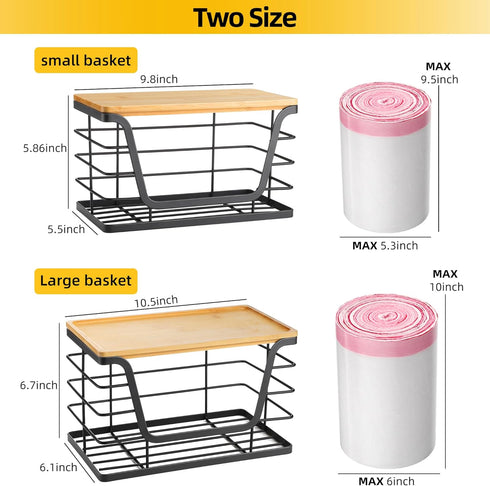 2 Pack Countertop ALOCEO Storage Stackable Kitchen Laundry Organizers with Bamboo Top, Large Trash Bag Holder and Small