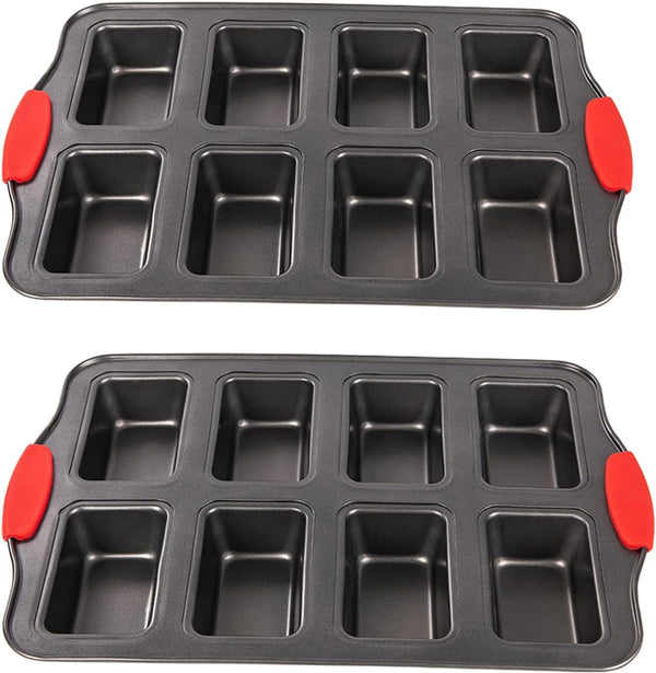 PLAZOTTA 2 Packs Mini Loaf Pan with Silicone Handle, 8 Cavity Non-Stick Baking Pan for Mini Bread, Brownies, Cheesecake