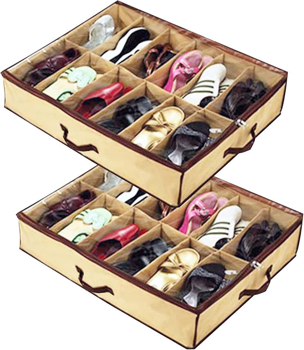 Shonpy 2PCS Ladies/Kids Storage Household Shoe Bag 12 Cells Underbed Foldable Closet Organizer