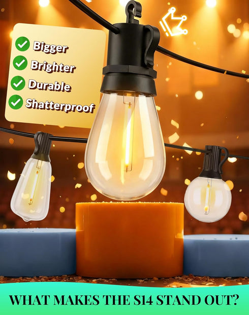 BYGUQ 50Ft Dimmable S14 Bulbs Outdoor String Lights LED Patio-Light - Outside Waterproof Porch Lights with Remote