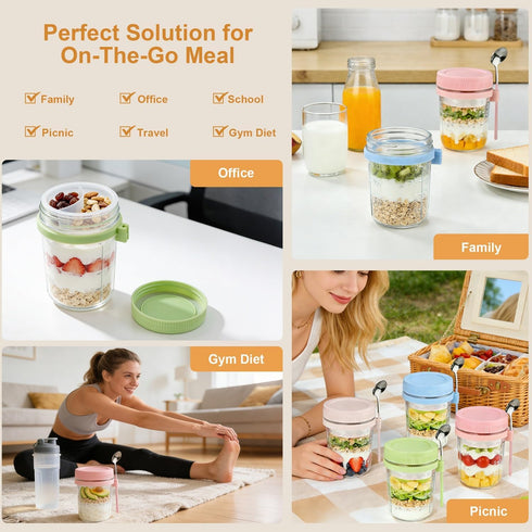 Torchero 4 Pack 16 oz Overnight Oats Containers with Lids and Spoons - Glass Mason Jars with Separate Compartments