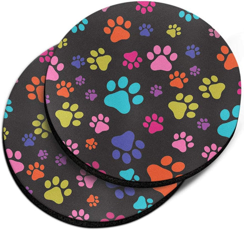 Multicolor Paws Dog Design Absorbent ROUND Fabric Felt Neoprene Car Coasters for Drinks, 2pcs Set
