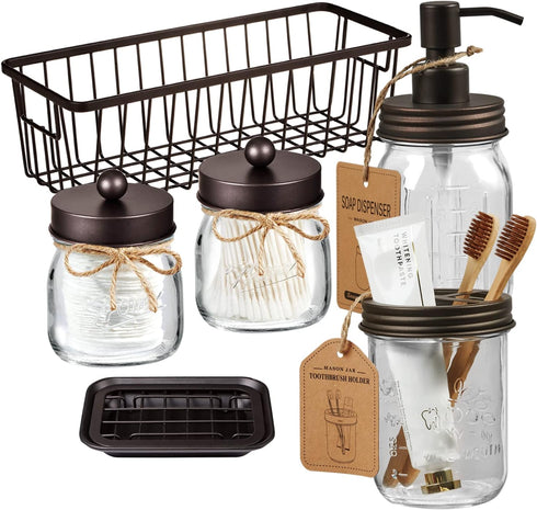 SheeChung 6Pcs Bathroom Accessories Set - Mason Jars, Toothbrush Holder, Soap Dispenser, Rustic Decor