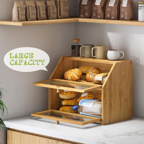 Countertop BMOSU Farmhouse Bread Box for Kitchen Bread box Double Layer Bamboo Wooden Extra Large Capacity Bin Kitchen