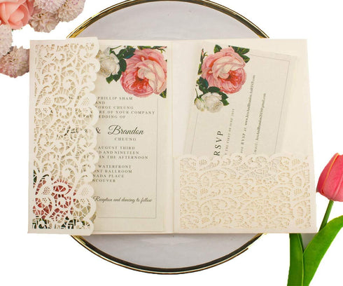 25pcs 5"x7.28" Ivory Vintage Tri Fold Wedding Invitations Cards, Pocket Pearl Paper Laser Cut Covers Only