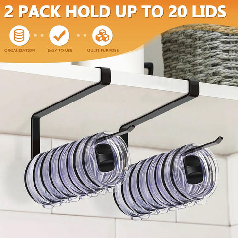 Tumbler Lid Organizer, 2 Pack, Space Saving Cup Lid Holders for Kitchen Storage, Black, Under Cabinet Hanger