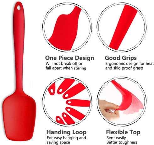 Silicone Spatula Set of 7, P&P CHEF Heat-Resistant Rubber Utensils for Non-Stick Cooking, Baking, Mixing, Red