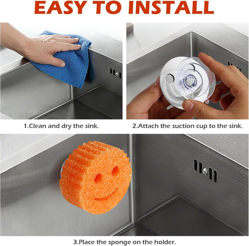 Dlilise Stainless Steel Smiley Face Sponge Daddy Holder, Brushed Silver Sink Caddy Organizer with Suction Cup