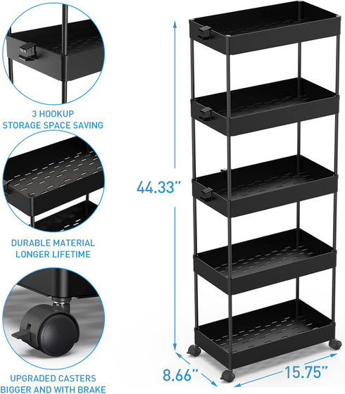 5-Tier SPACEKEEPER Rolling Cart, Bathroom Storage Organizer Utility Cart, Mobile Shelving Unit Slide Out Shelves