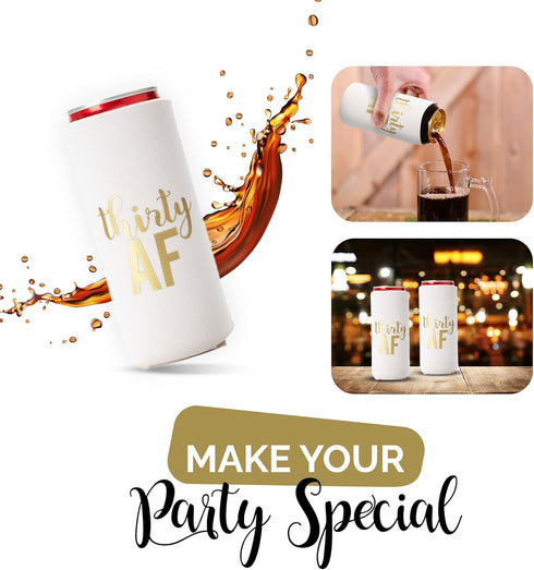 Thirty AF Can Coolers, 30th Birthday Party Coolies, Set of 12, White and Gold Dirty 30 Birthday Decoration