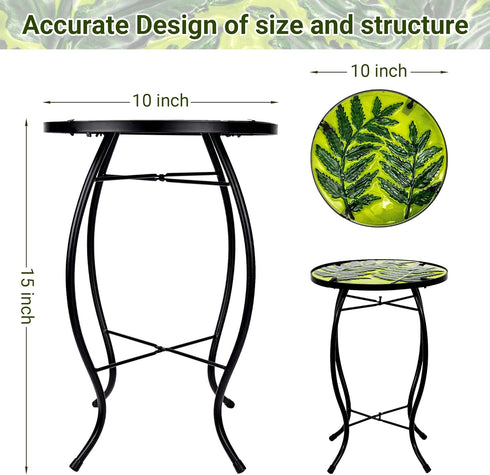 Decor10 Inch Subtropical Leaf Small Patio Table,Outdoor Side Table,Outdoor Bar Table,Metal Glass End Table for Porch