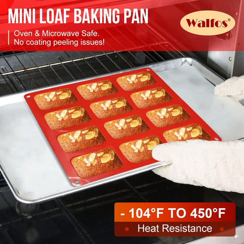 Walfos Silicone Mini Loaf Pan, 12 Cavities Non-stick Bread Brownie Pan for Mini Bread & Cheesecake