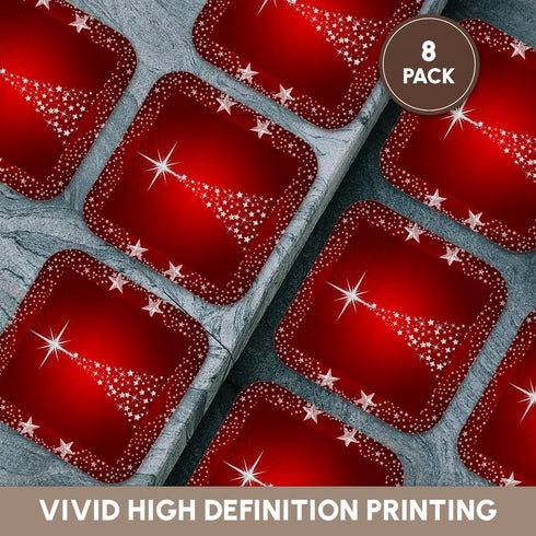 3dRose Silver Star Christmas Tree Soft Coasters, Set of 8 with Holiday Red Background (CST_164753_2)