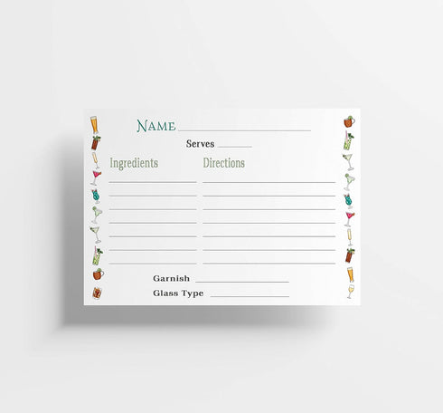 Cocktail Recipe Cards, 4x6 Inches, 50 Fill-in-the-Blank Cards for Recipe Box with Watercolor Border