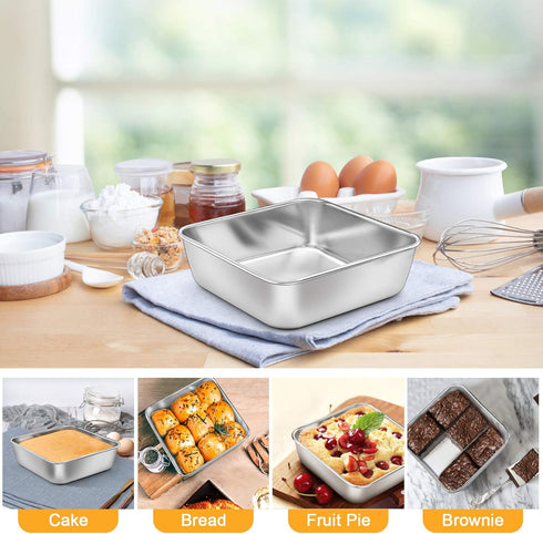 P&P CHEF 6 Inch Square Cake Baking Pans, 2 Pcs Stainless Steel Lasagna Brownie Pan for Small Birthday Cake, Leakproof