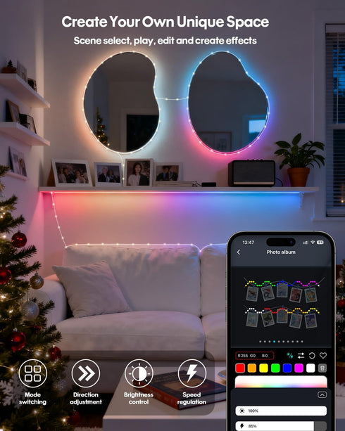 33Ft sync,12 Super RGB Smart Fairy String Lights, Usb DIY Twinkle Lights w/Remote & App Controlled, music Modes