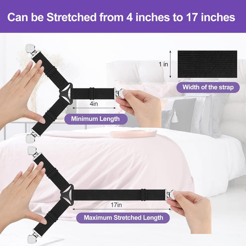 Bed Sheet Fasteners, Triangle Sheet Straps, 3 Way Fitted Bed Corner Holder, 4PCS