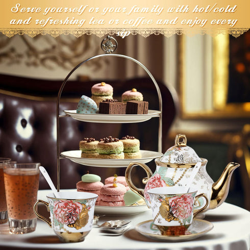 Zhehao 20 Set Set Pcs Porcelain Tea with Metal Holder and Spoon Adult Ceramic Tea European Flower Painting Teapot Cup