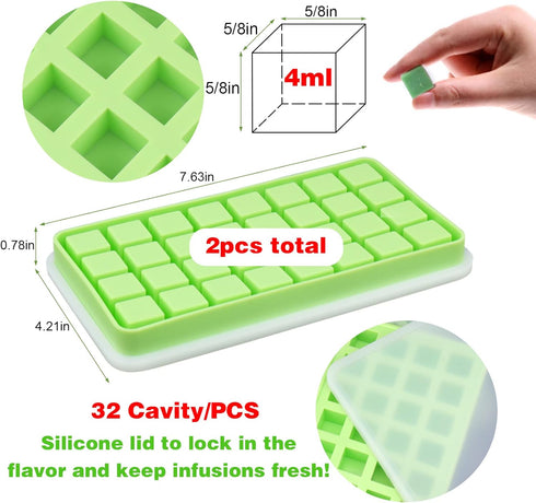 2Pcs 32 Gummy 2 5/8x5/8x5/8in Gummies, AIERSA Silicone Molds for Herb-Infused Oil Cubes, Cavity Candy Molds with Lids