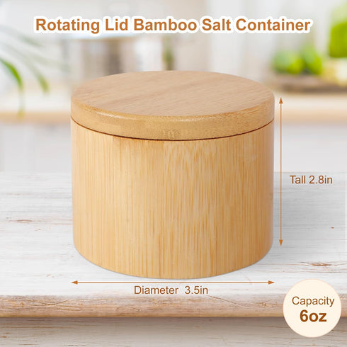 Pniimoo 360 Countertop 6 Oz Salt Holder with Lid, Bamboo Salt Container, Salt Cellar with Swivel Lid for to Store