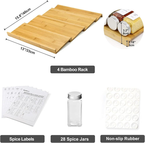 28 216 4 Drawers,Cabinets,Countertops,13" 15.8" Spice Drawer Organizer with Spice Jars and Labels,Non-slip Rubber