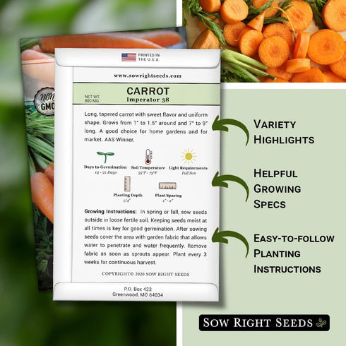 58 Packet (4) Sow Right Seeds - Imperator Carrot Seed for Planting - Non-GMO Heirloom with Instructions to Plant a Home
