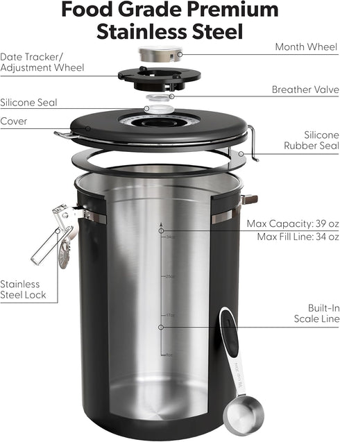 2.2lbs 39oz,Black Veken Large Coffee Canister with Window, Kitchen Food Storage Airtight Stainless Steel Container