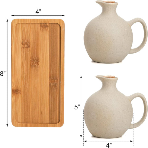 Set 2 15 Oz Elsjoy of Ceramic Oil Vinegar Dispenser with Cork and Tray, Tabletop Oil Bottles Soy Sauce Jar, Decorative