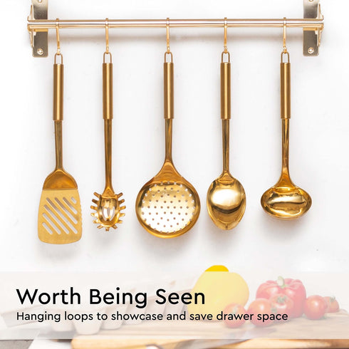 Gold Cooking Utensils Set - 5 PC Stainless Steel Kitchen Tools for Modern Cooking & Serving - Dishwasher Safe