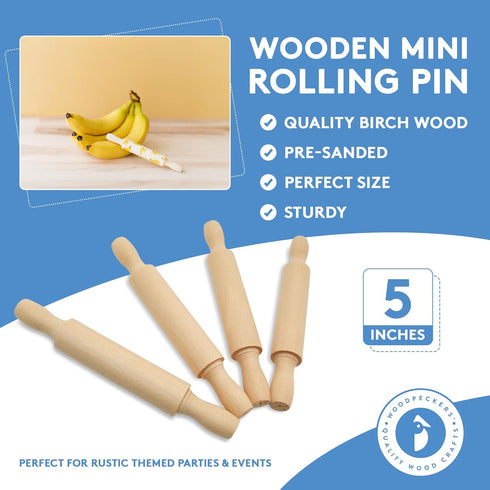 Wooden Mini Rolling Pin, 5 Inches Long, Pack of 6, Great for Kitchen, Play-doh, Crafting