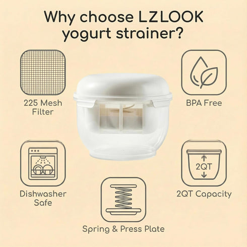 LZLOOK 2 Greek Yogurt Strainer | QT Ultra-Fine Mesh Filter with Spring Press | Yogurt, Kefir, Nut Milk & Soy Milk